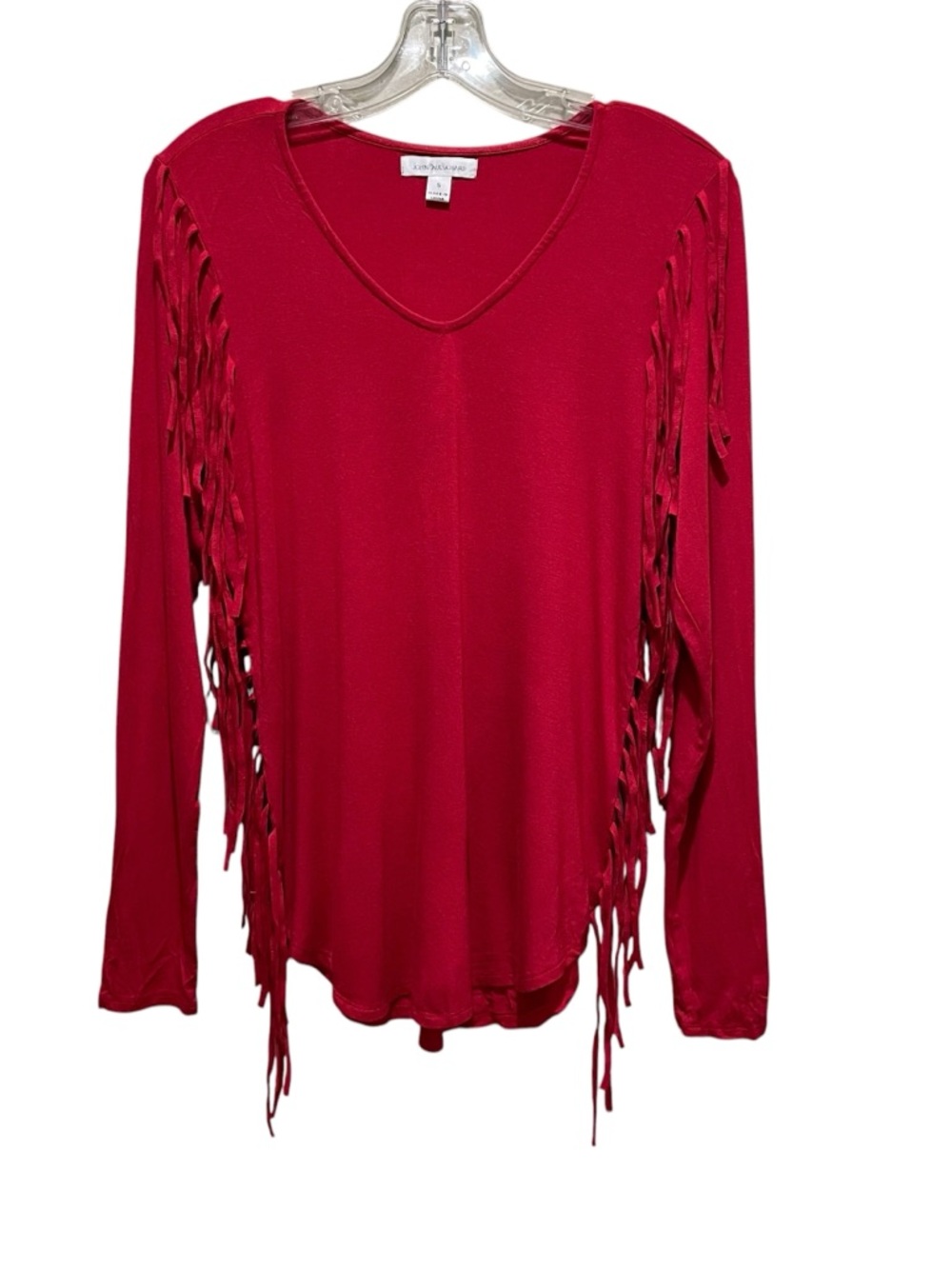 John Paul Richard Fringe Top Red Women Size Small Long Sleeve V Neck Stretch Top